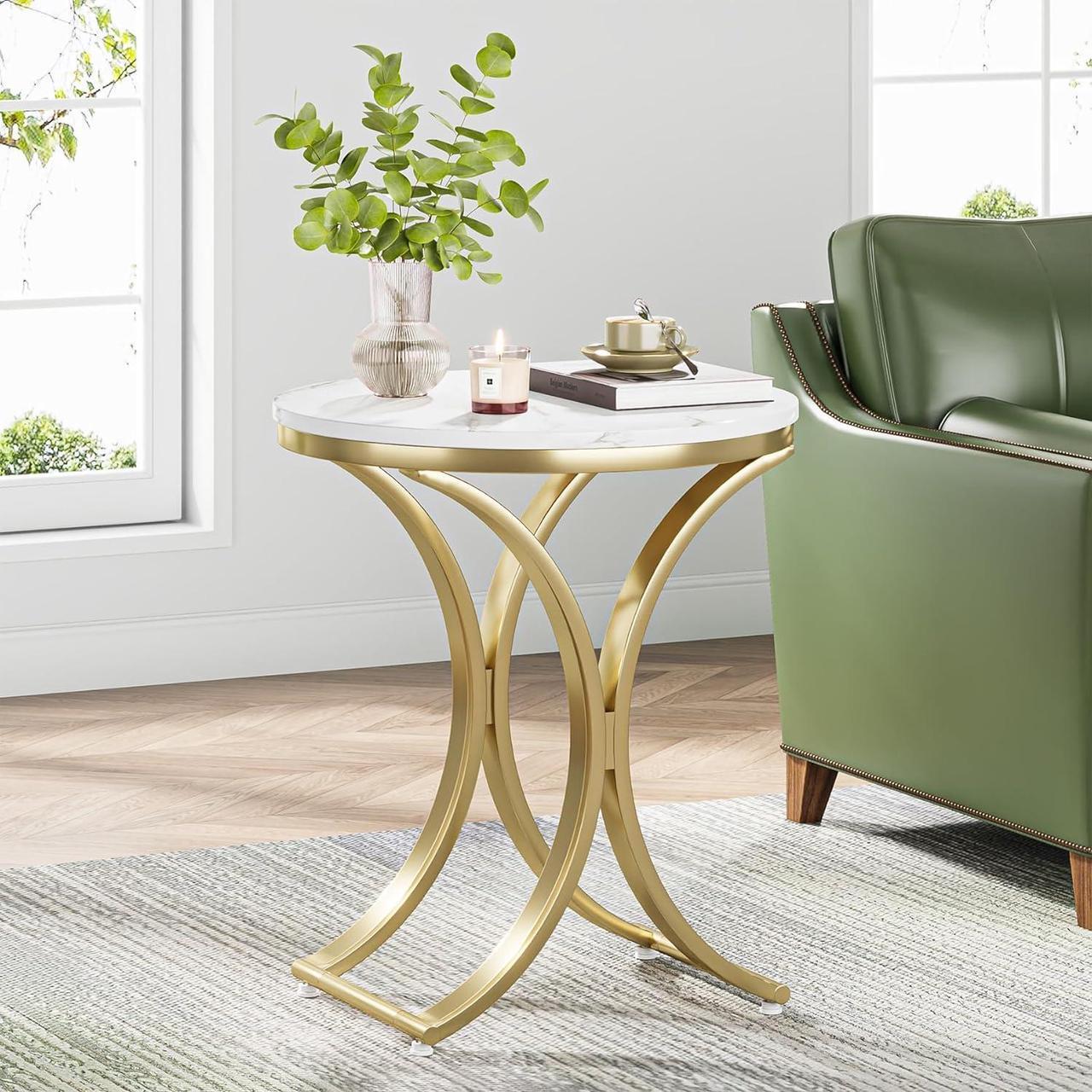 Alt view image 2 of 7 - Tribesigns Small Round Sofa Side Table Set of 2, Contemporary Round Coffee Table, Accent Bedside Table (Faux Marble)