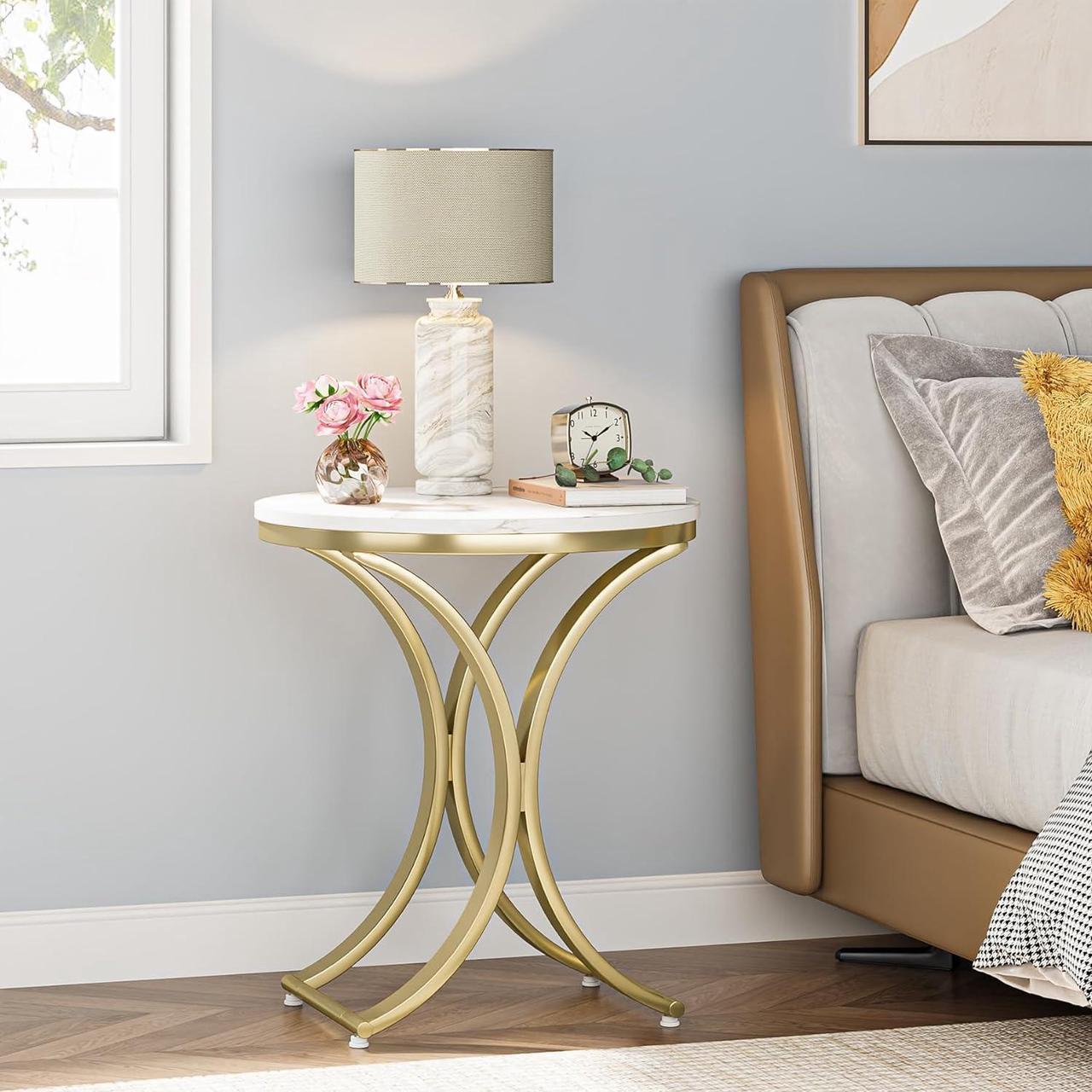 Alt view image 4 of 7 - Tribesigns Small Round Sofa Side Table Set of 2, Contemporary Round Coffee Table, Accent Bedside Table (Faux Marble)