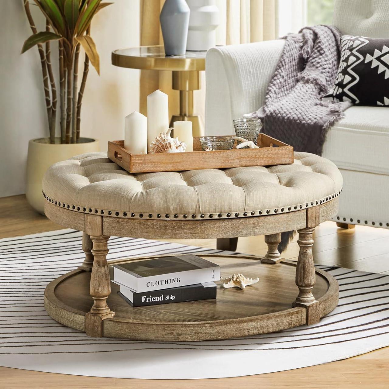 Main image of HULALA HOME Large Round Ottoman Coffee Table 2-Tier Oversized Button Tufted Ottoman with Wood Shelf Storage Farmhouse Upholstered Coffee Table for Living Room Footrest Ottoman, Linen