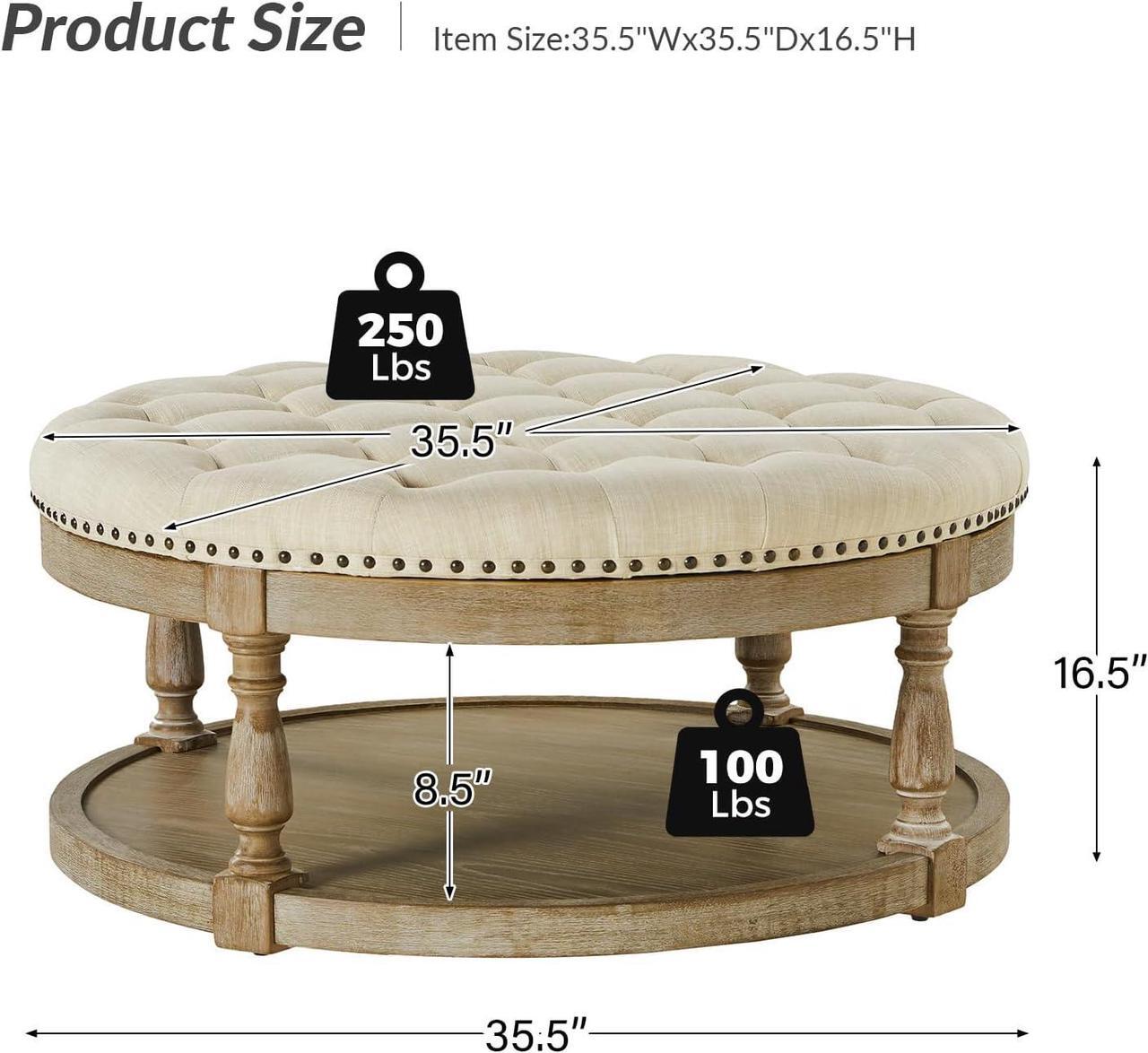 Alt view image 2 of 6 - HULALA HOME Large Round Ottoman Coffee Table 2-Tier Oversized Button Tufted Ottoman with Wood Shelf Storage Farmhouse Upholstered Coffee Table for Living Room Footrest Ottoman, Linen