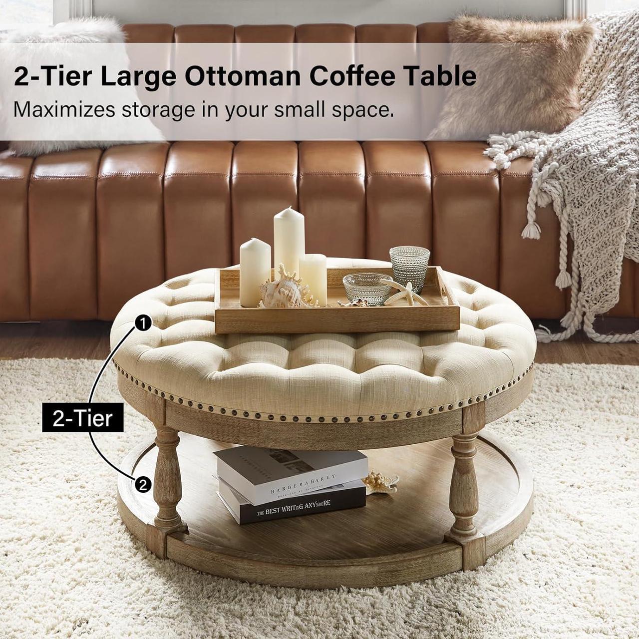 Alt view image 4 of 6 - HULALA HOME Large Round Ottoman Coffee Table 2-Tier Oversized Button Tufted Ottoman with Wood Shelf Storage Farmhouse Upholstered Coffee Table for Living Room Footrest Ottoman, Linen