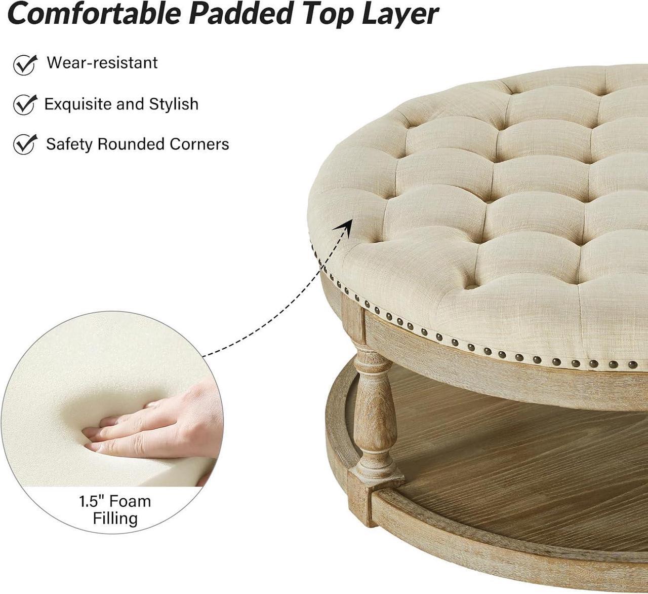 Alt view image 5 of 6 - HULALA HOME Large Round Ottoman Coffee Table 2-Tier Oversized Button Tufted Ottoman with Wood Shelf Storage Farmhouse Upholstered Coffee Table for Living Room Footrest Ottoman, Linen