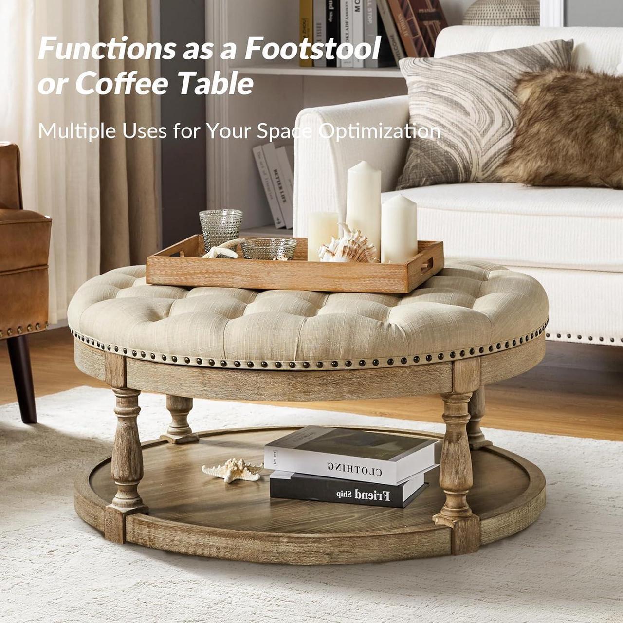 Alt view image 3 of 6 - HULALA HOME Large Round Ottoman Coffee Table 2-Tier Oversized Button Tufted Ottoman with Wood Shelf Storage Farmhouse Upholstered Coffee Table for Living Room Footrest Ottoman, Linen