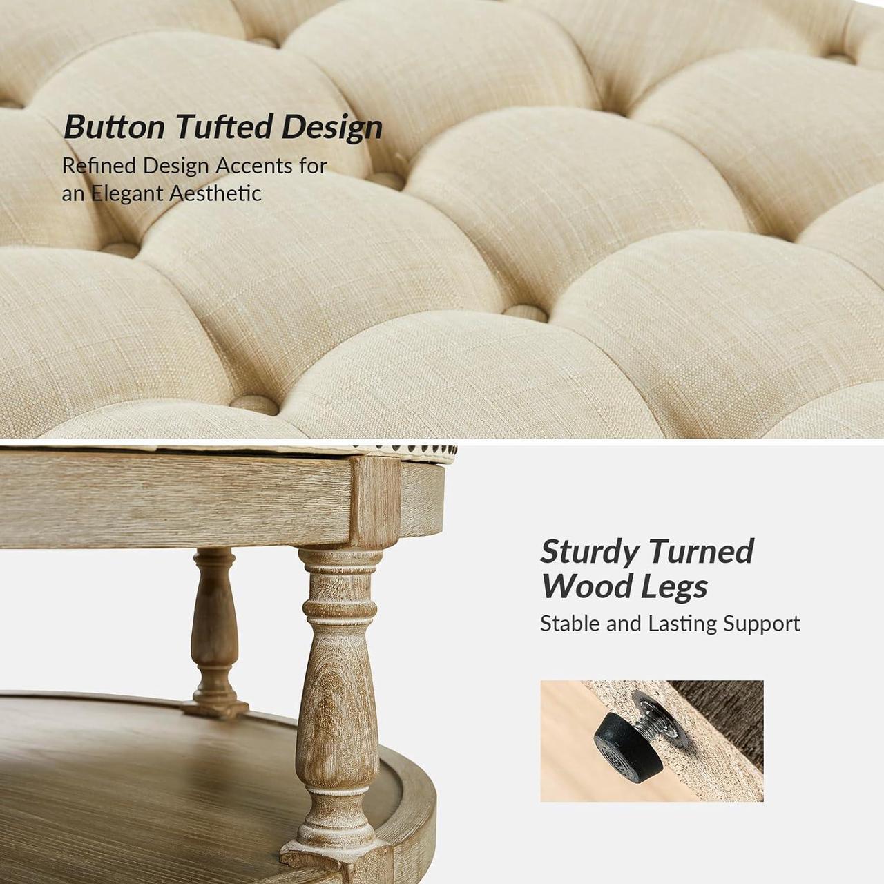Alt view image 6 of 6 - HULALA HOME Large Round Ottoman Coffee Table 2-Tier Oversized Button Tufted Ottoman with Wood Shelf Storage Farmhouse Upholstered Coffee Table for Living Room Footrest Ottoman, Linen