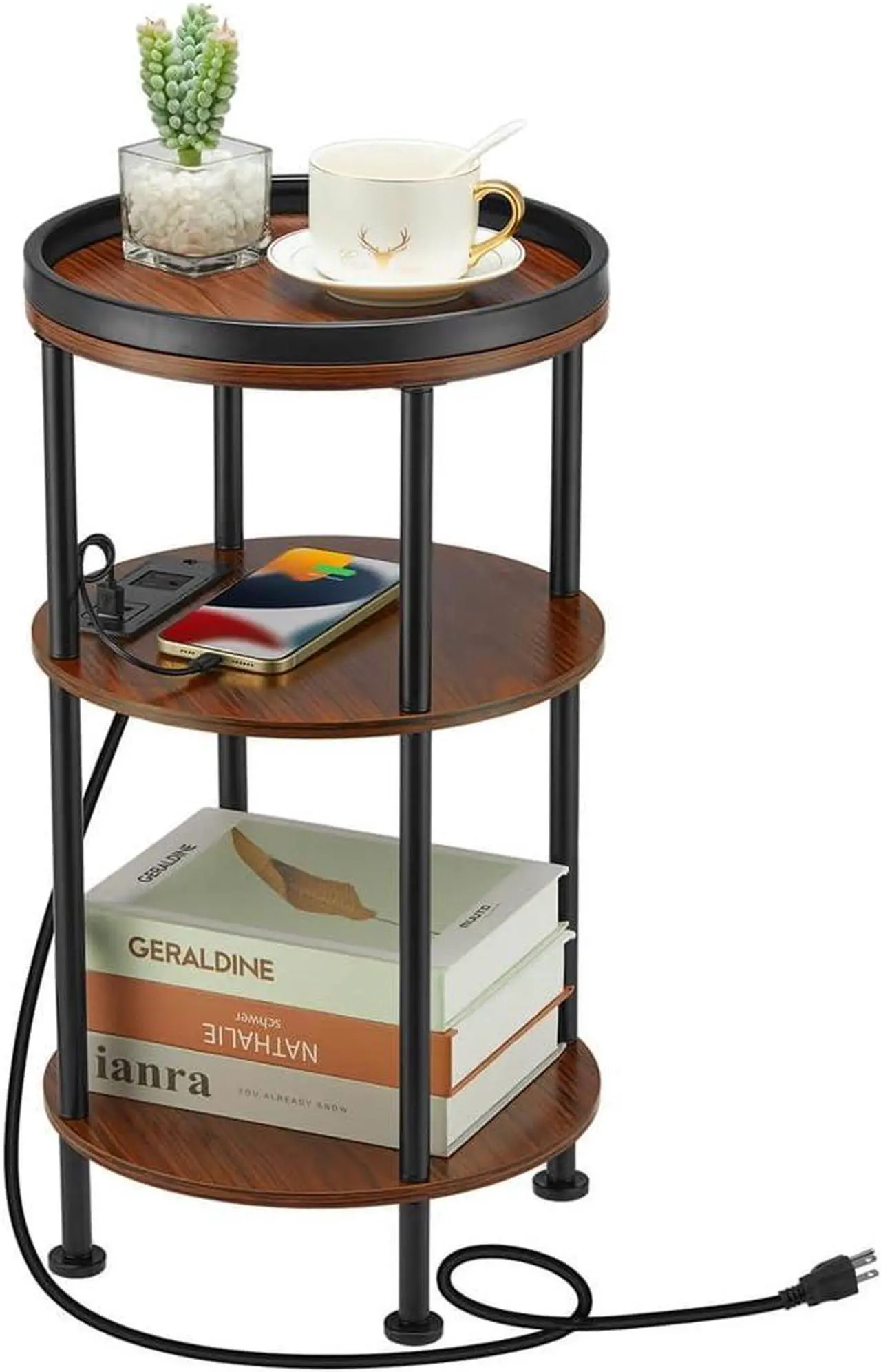 Main image of Small Round Side Table with Charging Station for Small Spaces, 3-Tier Round Accent Table with 2 USB Ports & Power Outlets, Round Corner Table Small Sofa Side Table for Living Room Bedroom(USB, Cherry)