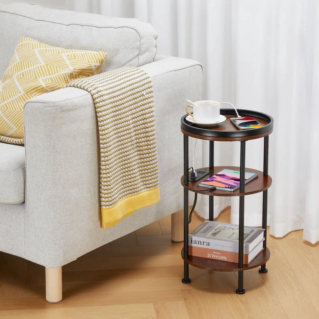 Alt view image 5 of 7 - Small Round Side Table with Charging Station for Small Spaces, 3-Tier Round Accent Table with 2 USB Ports & Power Outlets, Round Corner Table Small Sofa Side Table for Living Room Bedroom(USB, Cherry)