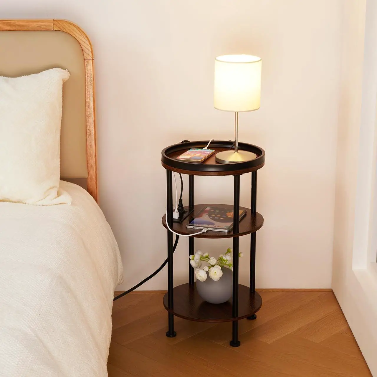 Alt view image 6 of 7 - Small Round Side Table with Charging Station for Small Spaces, 3-Tier Round Accent Table with 2 USB Ports & Power Outlets, Round Corner Table Small Sofa Side Table for Living Room Bedroom(USB, Cherry)