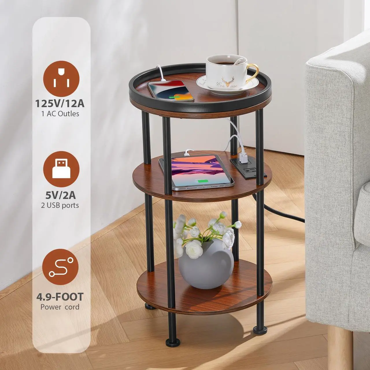 Alt view image 4 of 7 - Small Round Side Table with Charging Station for Small Spaces, 3-Tier Round Accent Table with 2 USB Ports & Power Outlets, Round Corner Table Small Sofa Side Table for Living Room Bedroom(USB, Cherry)