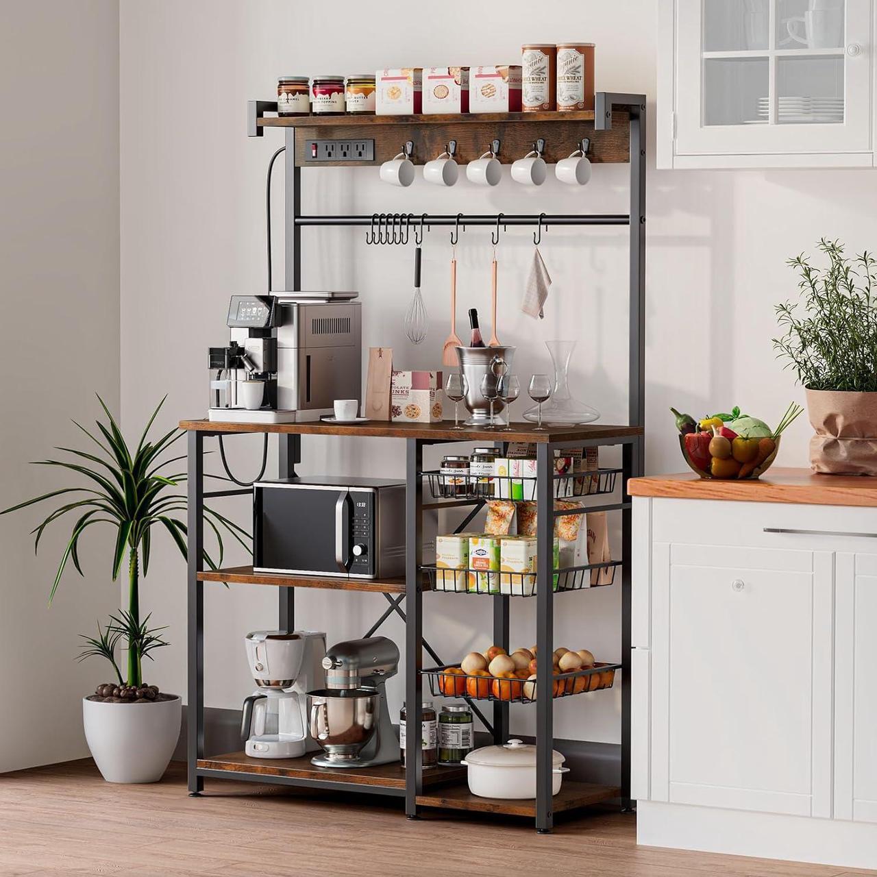 Alt view image 2 of 7 - Large Bakers Rack with Power Outlets 38.8 Inches, 15 Hooks Coffee Bar with 3 Wire Basket, Microwave Stand Kitchen Storage Shelf for Spices, Cups, Pots, 38.8 x 16.3 x 62.2 in, Rustic Brown