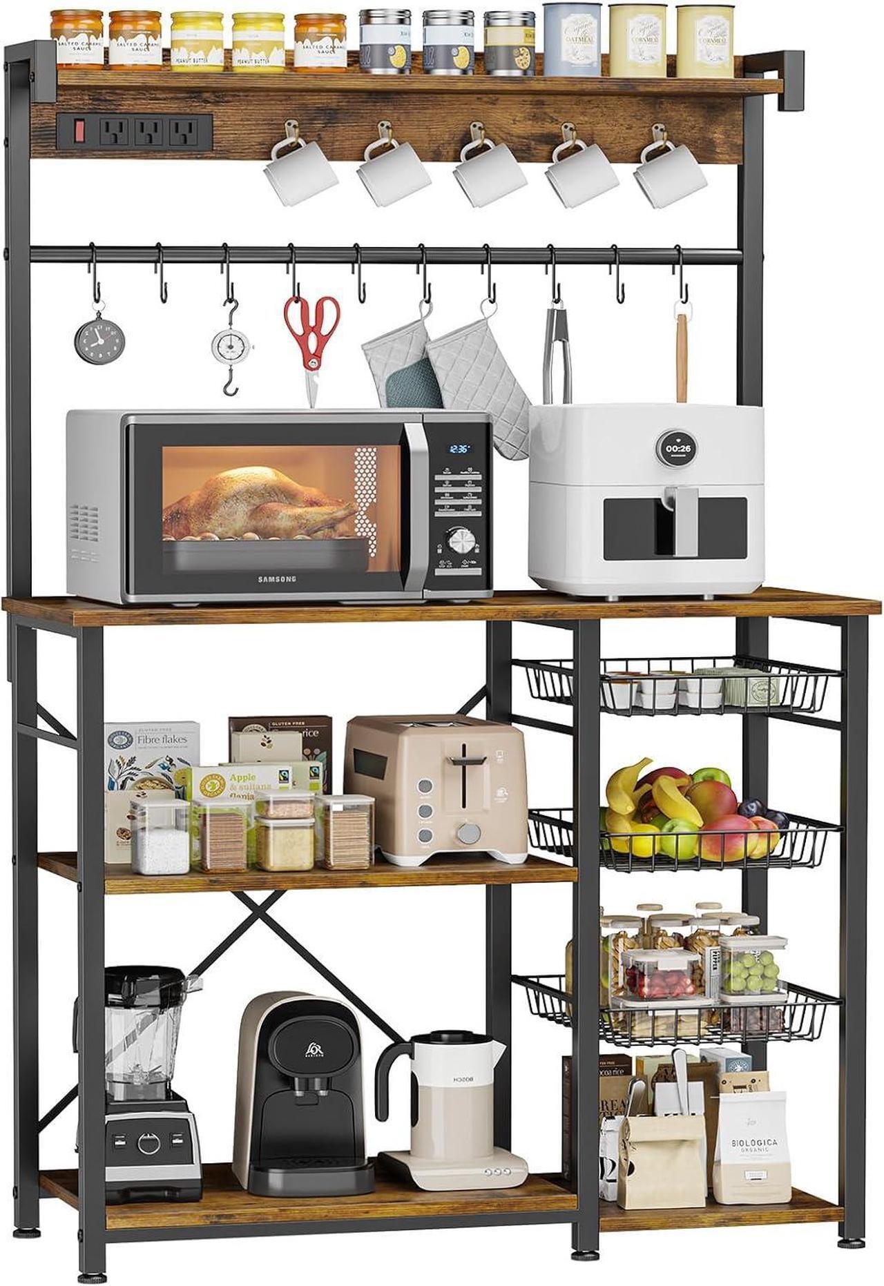Main image of Large Bakers Rack with Power Outlets 38.8 Inches, 15 Hooks Coffee Bar with 3 Wire Basket, Microwave Stand Kitchen Storage Shelf for Spices, Cups, Pots, 38.8 x 16.3 x 62.2 in, Rustic Brown