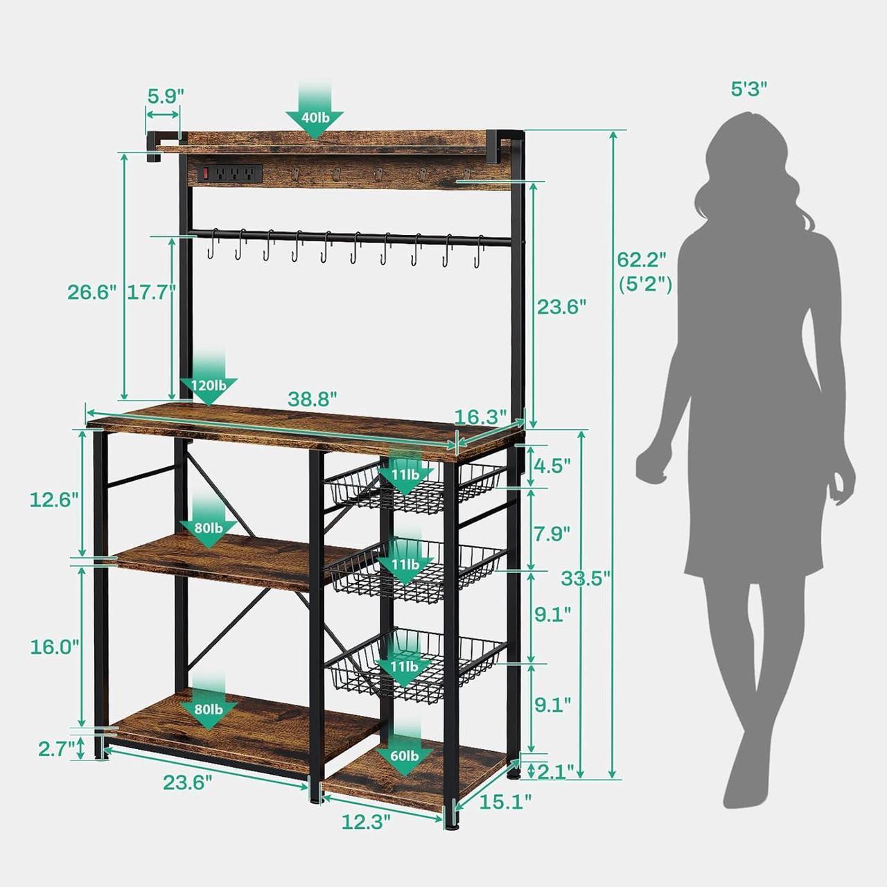 Alt view image 3 of 7 - Large Bakers Rack with Power Outlets 38.8 Inches, 15 Hooks Coffee Bar with 3 Wire Basket, Microwave Stand Kitchen Storage Shelf for Spices, Cups, Pots, 38.8 x 16.3 x 62.2 in, Rustic Brown