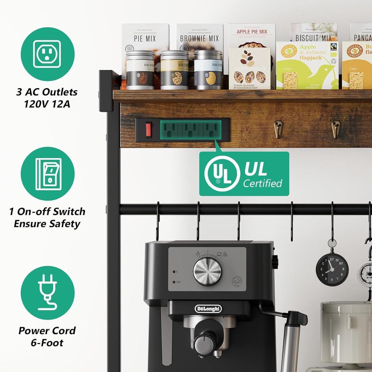 Alt view image 4 of 7 - Large Bakers Rack with Power Outlets 38.8 Inches, 15 Hooks Coffee Bar with 3 Wire Basket, Microwave Stand Kitchen Storage Shelf for Spices, Cups, Pots, 38.8 x 16.3 x 62.2 in, Rustic Brown