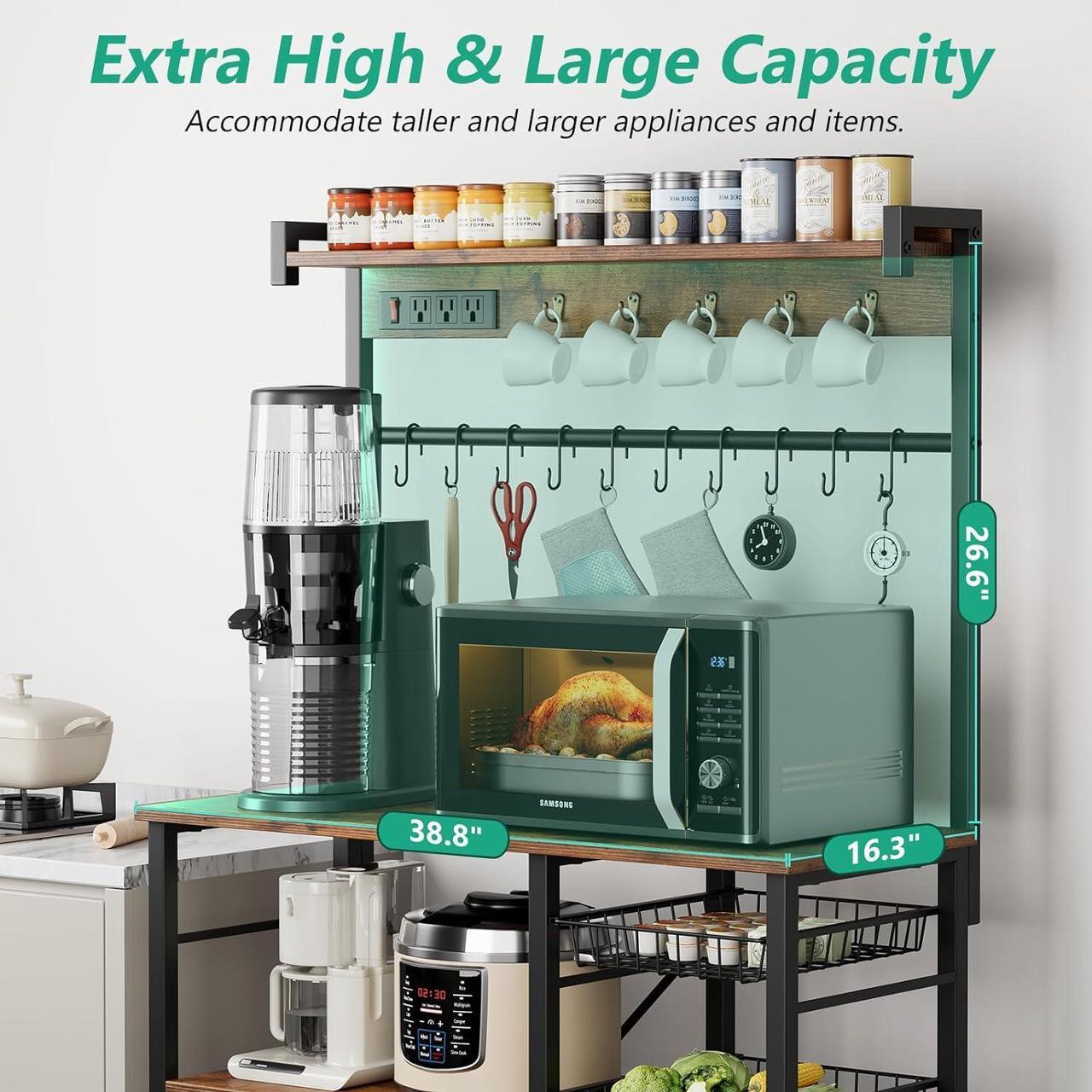 Alt view image 5 of 7 - Large Bakers Rack with Power Outlets 38.8 Inches, 15 Hooks Coffee Bar with 3 Wire Basket, Microwave Stand Kitchen Storage Shelf for Spices, Cups, Pots, 38.8 x 16.3 x 62.2 in, Rustic Brown
