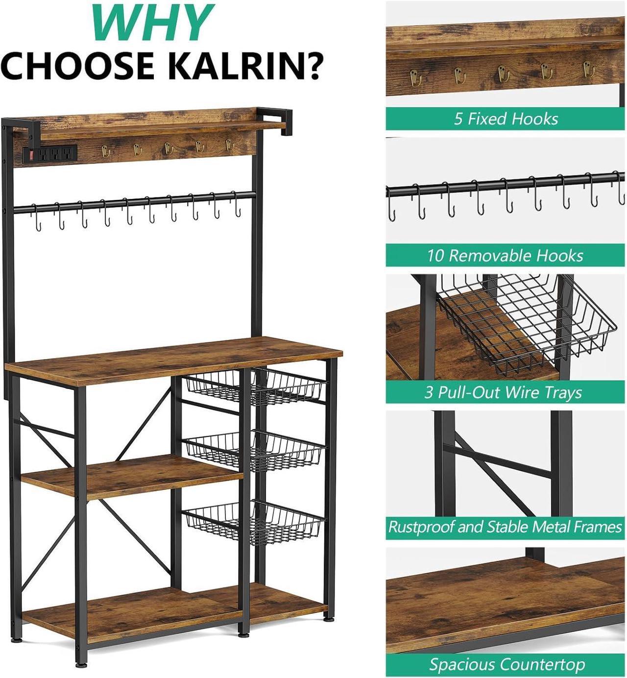 Alt view image 6 of 7 - Large Bakers Rack with Power Outlets 38.8 Inches, 15 Hooks Coffee Bar with 3 Wire Basket, Microwave Stand Kitchen Storage Shelf for Spices, Cups, Pots, 38.8 x 16.3 x 62.2 in, Rustic Brown