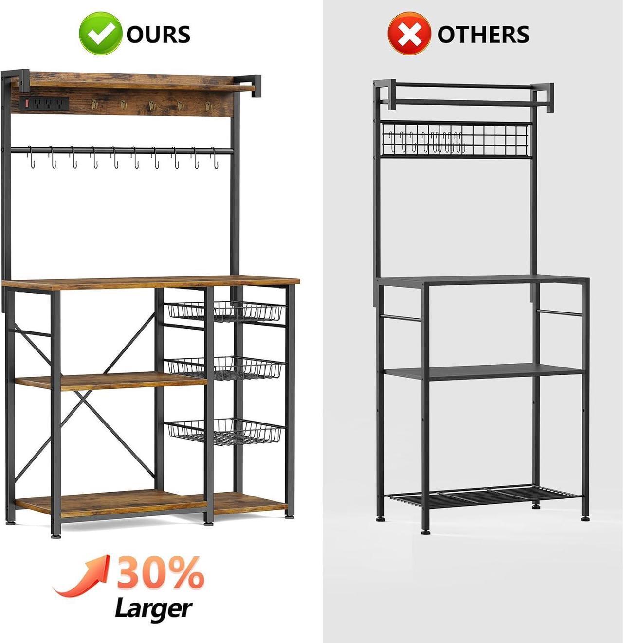 Alt view image 7 of 7 - Large Bakers Rack with Power Outlets 38.8 Inches, 15 Hooks Coffee Bar with 3 Wire Basket, Microwave Stand Kitchen Storage Shelf for Spices, Cups, Pots, 38.8 x 16.3 x 62.2 in, Rustic Brown