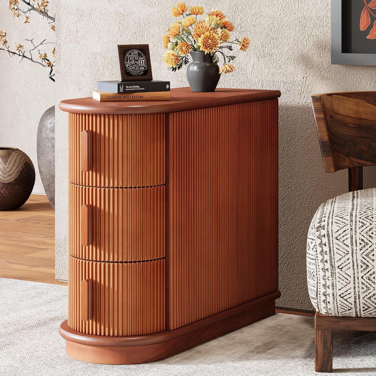 Main image of Tribesigns 3-Drawer Wooden End Table, Modern Sofa Side Table, Narrow Chair Side Table Slim Nightstand for Living Room, Bedroom, Finished Back, No Assembly Required, Walnut