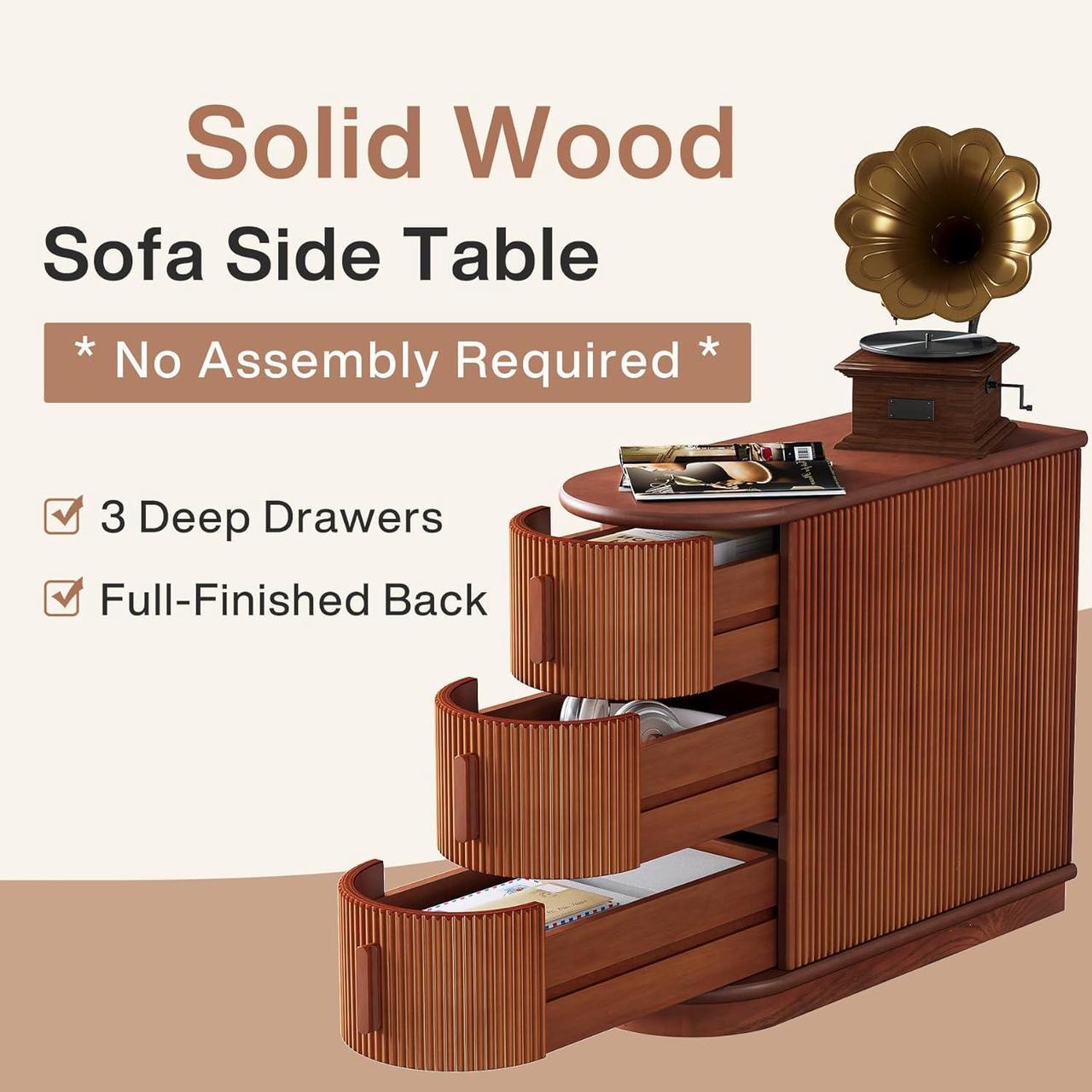 Alt view image 6 of 7 - Tribesigns 3-Drawer Wooden End Table, Modern Sofa Side Table, Narrow Chair Side Table Slim Nightstand for Living Room, Bedroom, Finished Back, No Assembly Required, Walnut