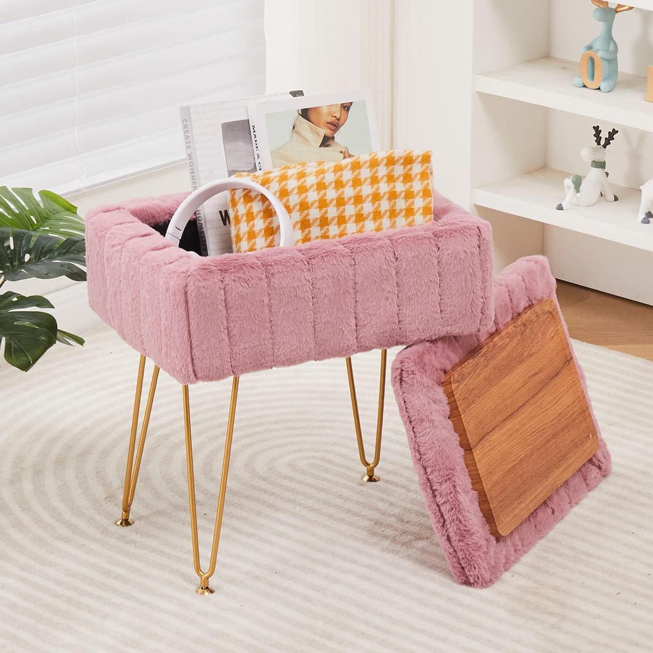 Main image of Wimarsbon Faux Mink Fur Storage Ottoman, Modern Soft Footstool, Storage Bench with Metal Legs, Vanity Seat, Fur Stool, Ottoman Coffee Table, Makeup Chair, Vanity Stools for Bedroom (Pink)