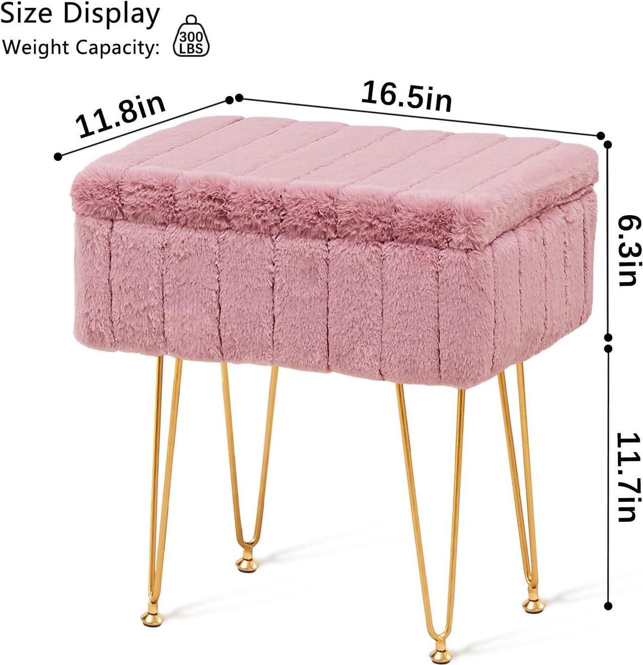 Alt view image 2 of 7 - Wimarsbon Faux Mink Fur Storage Ottoman, Modern Soft Footstool, Storage Bench with Metal Legs, Vanity Seat, Fur Stool, Ottoman Coffee Table, Makeup Chair, Vanity Stools for Bedroom (Pink)