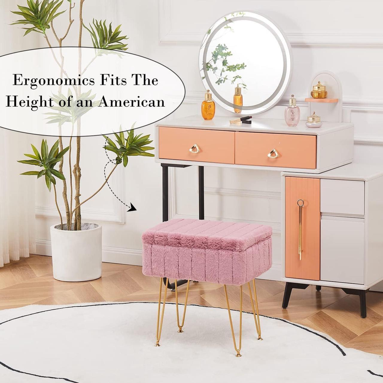 Alt view image 4 of 7 - Wimarsbon Faux Mink Fur Storage Ottoman, Modern Soft Footstool, Storage Bench with Metal Legs, Vanity Seat, Fur Stool, Ottoman Coffee Table, Makeup Chair, Vanity Stools for Bedroom (Pink)