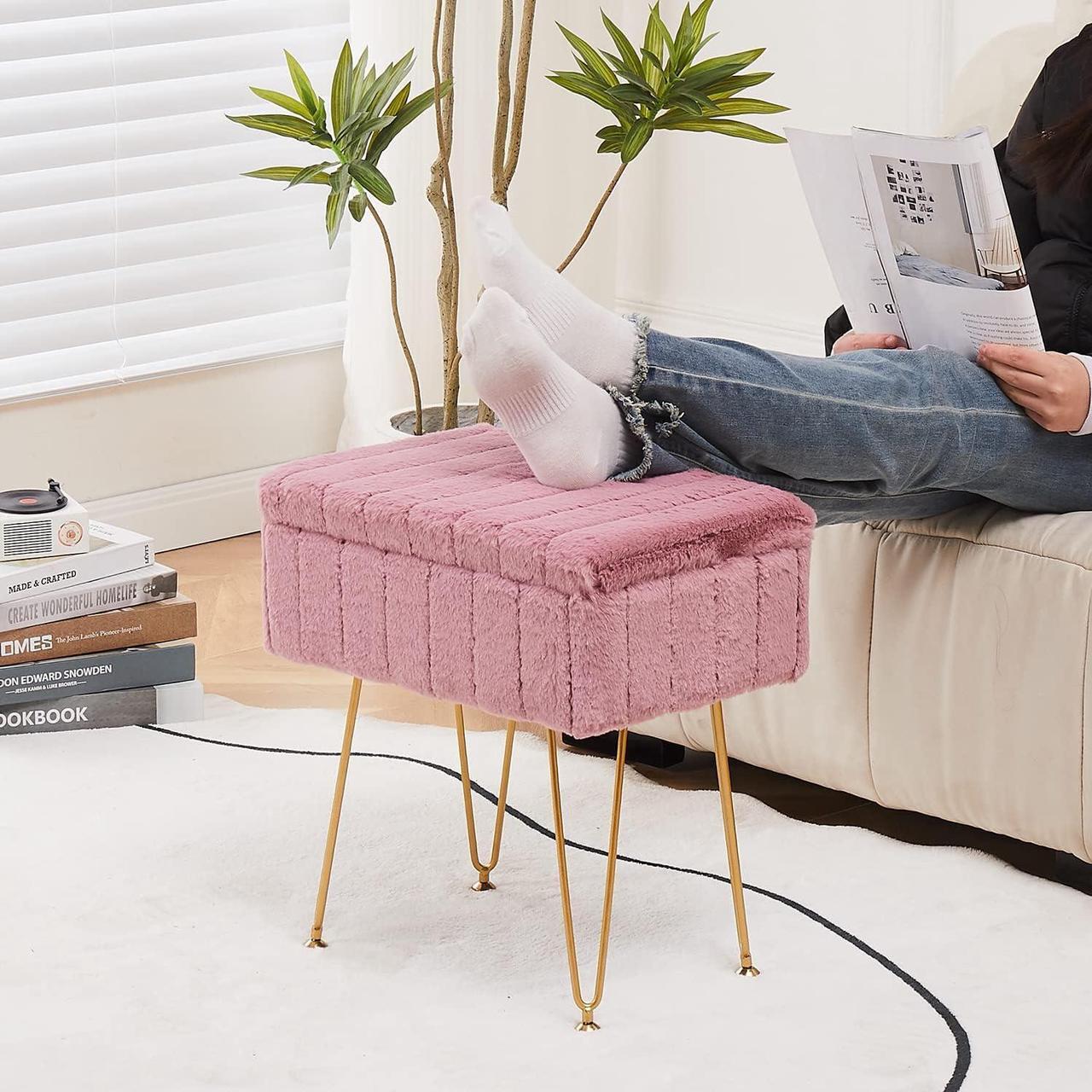 Alt view image 5 of 7 - Wimarsbon Faux Mink Fur Storage Ottoman, Modern Soft Footstool, Storage Bench with Metal Legs, Vanity Seat, Fur Stool, Ottoman Coffee Table, Makeup Chair, Vanity Stools for Bedroom (Pink)