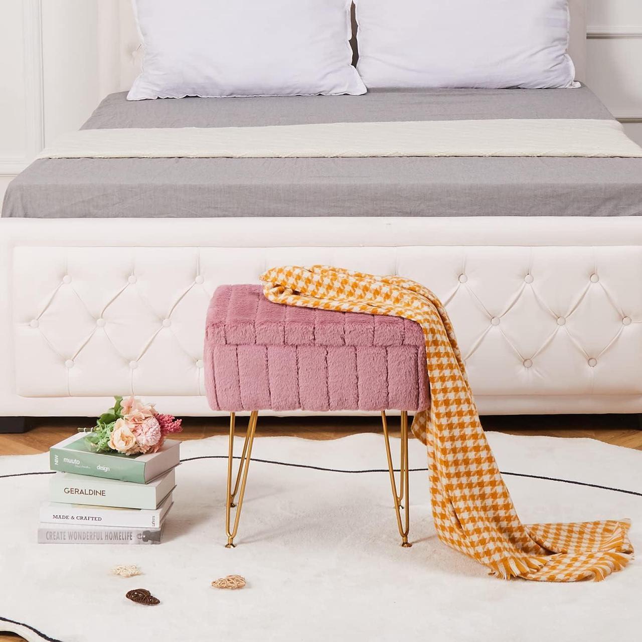 Alt view image 7 of 7 - Wimarsbon Faux Mink Fur Storage Ottoman, Modern Soft Footstool, Storage Bench with Metal Legs, Vanity Seat, Fur Stool, Ottoman Coffee Table, Makeup Chair, Vanity Stools for Bedroom (Pink)
