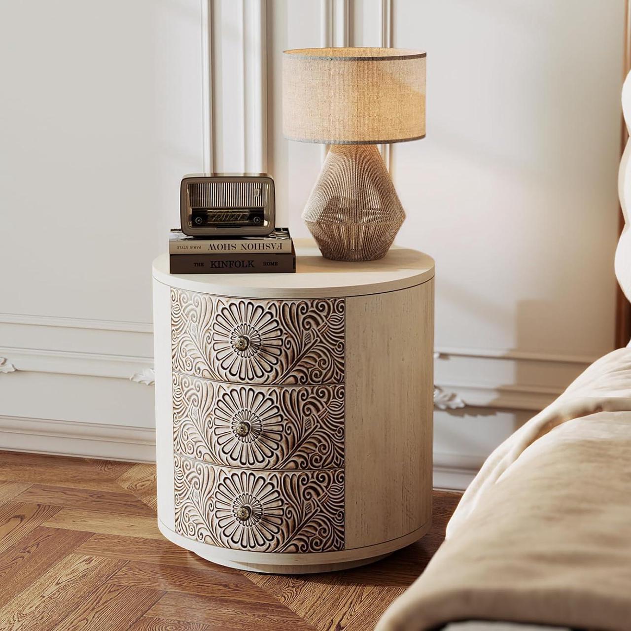Main image of SUNBURY End Table Living Room Small Side Table w 3 Drawers, Vintage Bedside Table, Elegant Nightstand Small Dresser for Bedroom, Lightweight MDF Accent Table (Floral Texture)