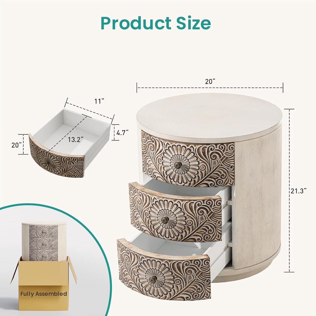 Alt view image 2 of 7 - SUNBURY End Table Living Room Small Side Table w 3 Drawers, Vintage Bedside Table, Elegant Nightstand Small Dresser for Bedroom, Lightweight MDF Accent Table (Floral Texture)