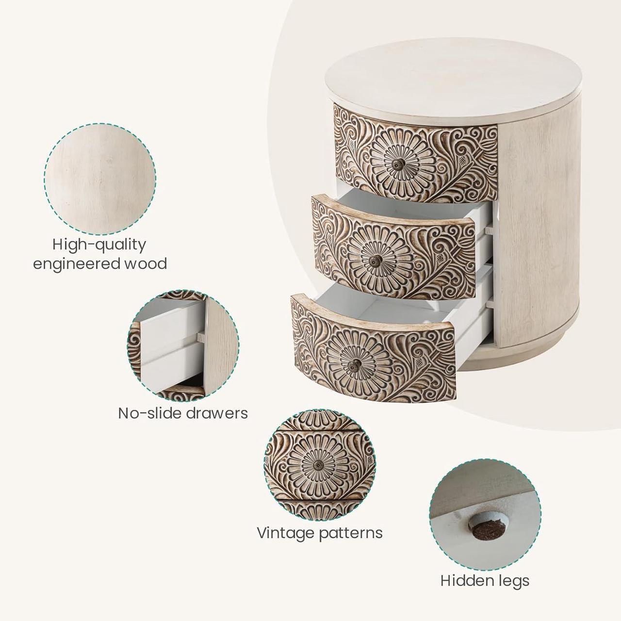 Alt view image 4 of 7 - SUNBURY End Table Living Room Small Side Table w 3 Drawers, Vintage Bedside Table, Elegant Nightstand Small Dresser for Bedroom, Lightweight MDF Accent Table (Floral Texture)