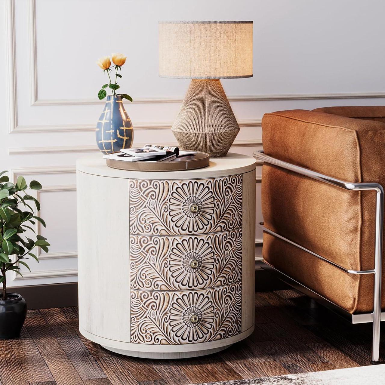 Alt view image 6 of 7 - SUNBURY End Table Living Room Small Side Table w 3 Drawers, Vintage Bedside Table, Elegant Nightstand Small Dresser for Bedroom, Lightweight MDF Accent Table (Floral Texture)