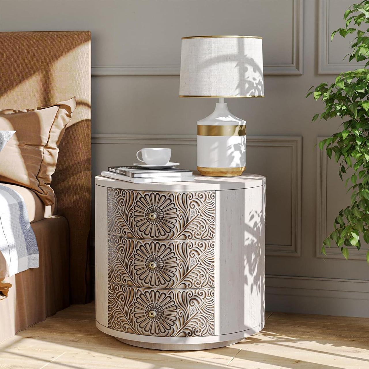 Alt view image 7 of 7 - SUNBURY End Table Living Room Small Side Table w 3 Drawers, Vintage Bedside Table, Elegant Nightstand Small Dresser for Bedroom, Lightweight MDF Accent Table (Floral Texture)
