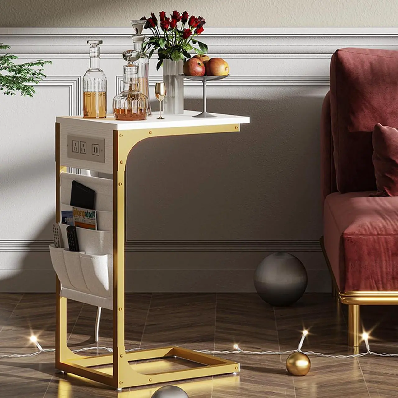 Alt view image 2 of 7 - TUTOTAK C Shaped End Table with Charging Station, Side Table for Sofa, Couch Table with Storage Bag, Set of 2, TV Tray Table with 2 USB Ports and Outlets for Living Room, Bedroom, TB01BWG0242