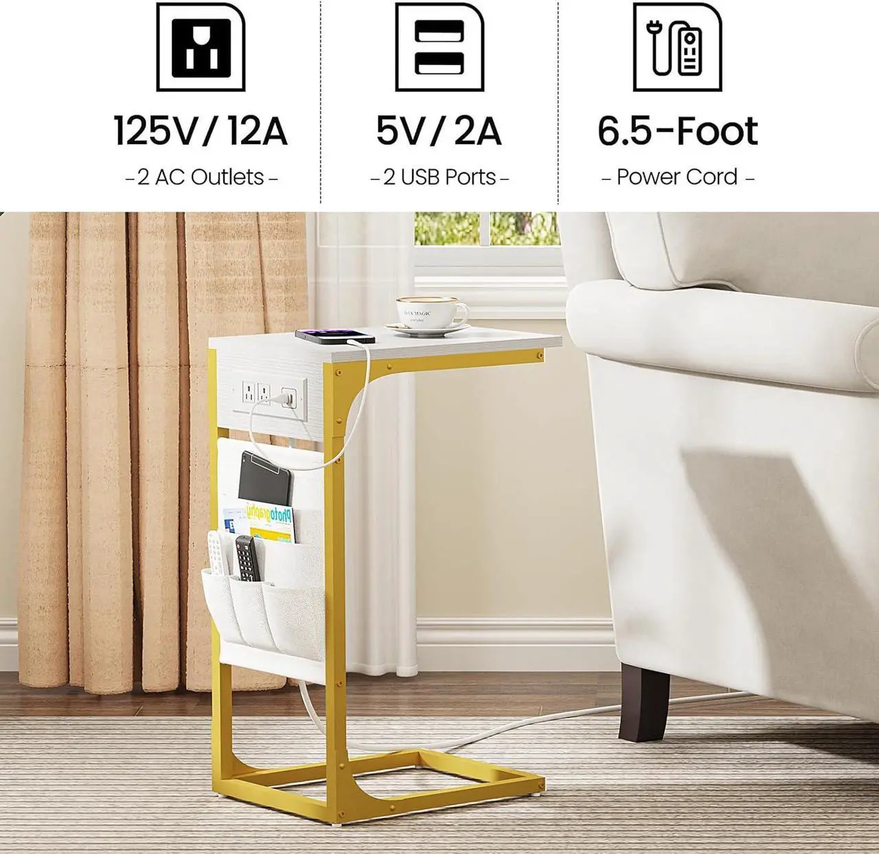 Alt view image 6 of 7 - TUTOTAK C Shaped End Table with Charging Station, Side Table for Sofa, Couch Table with Storage Bag, Set of 2, TV Tray Table with 2 USB Ports and Outlets for Living Room, Bedroom, TB01BWG0242