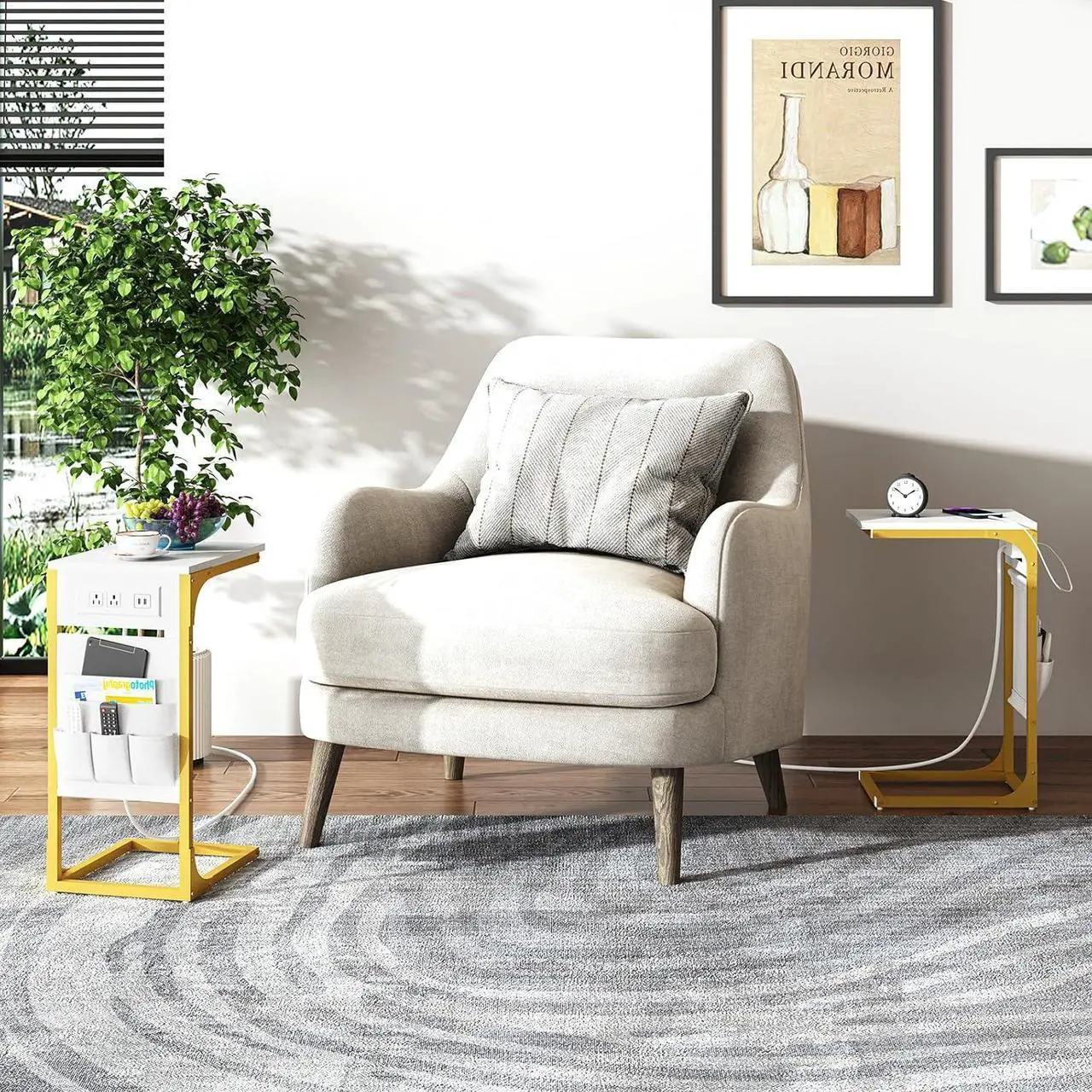 Alt view image 5 of 7 - TUTOTAK C Shaped End Table with Charging Station, Side Table for Sofa, Couch Table with Storage Bag, Set of 2, TV Tray Table with 2 USB Ports and Outlets for Living Room, Bedroom, TB01BWG0242