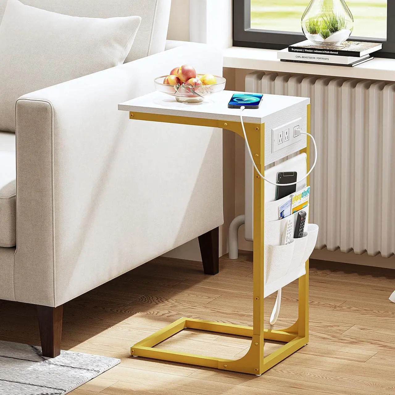 Alt view image 7 of 7 - TUTOTAK C Shaped End Table with Charging Station, Side Table for Sofa, Couch Table with Storage Bag, Set of 2, TV Tray Table with 2 USB Ports and Outlets for Living Room, Bedroom, TB01BWG0242