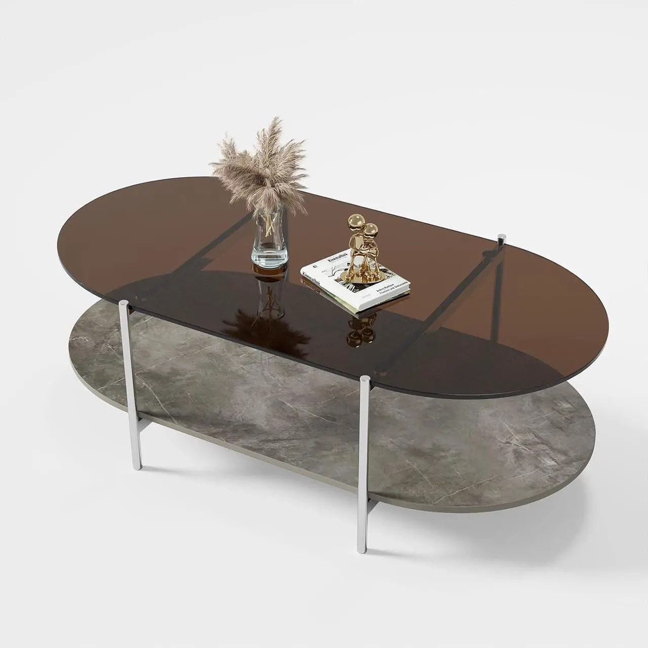 Alt view image 3 of 6 - jiexi Tempered Glass & MDF Wood Coffee Table, 2-Tier Modern Side Table with Storage Space, Center Table for Home, Office, Living Room