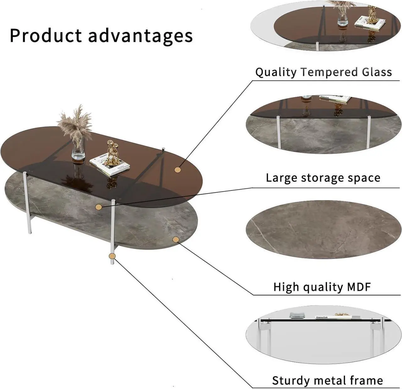 Alt view image 5 of 6 - jiexi Tempered Glass & MDF Wood Coffee Table, 2-Tier Modern Side Table with Storage Space, Center Table for Home, Office, Living Room