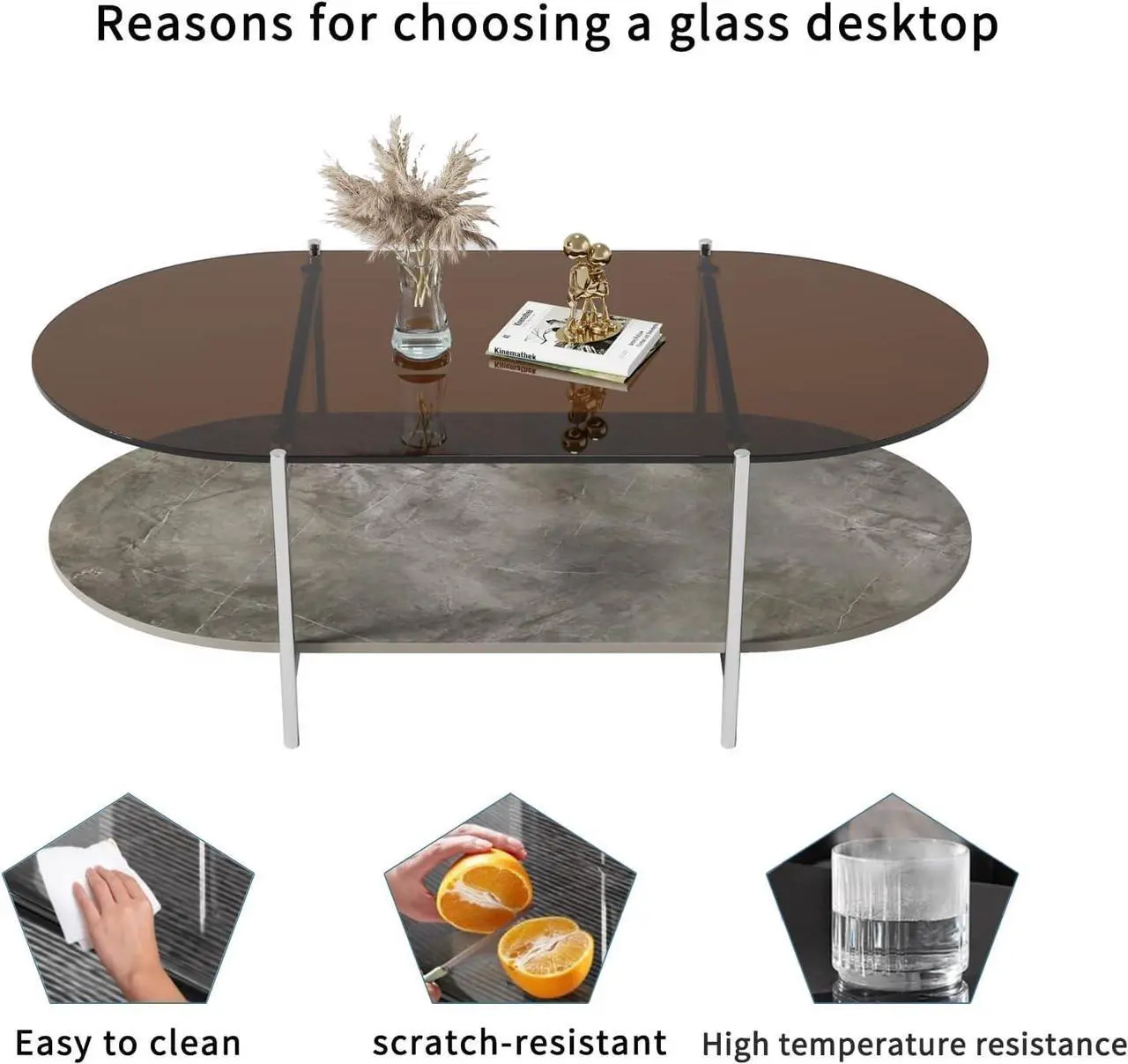 Alt view image 6 of 6 - jiexi Tempered Glass & MDF Wood Coffee Table, 2-Tier Modern Side Table with Storage Space, Center Table for Home, Office, Living Room