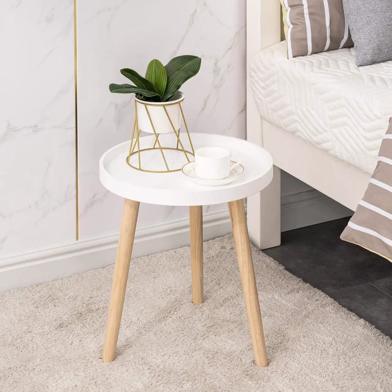 Main image of Apicizon Round Side Table, White Tray Nightstand Coffee End Table for Living Room, Bedroom, Small Spaces, Easy Assembly Bedside Table, 15 x 18 Inches