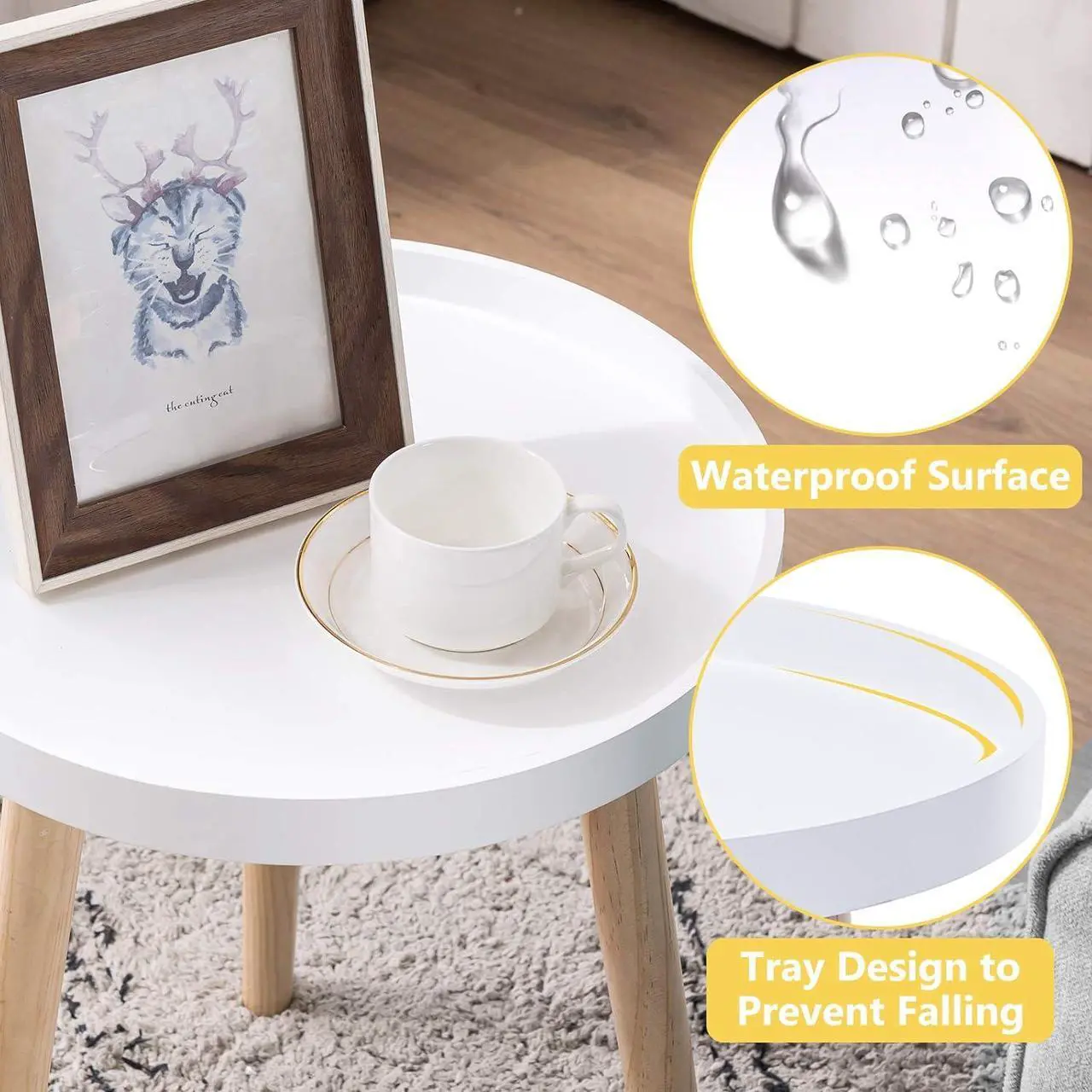 Alt view image 7 of 7 - Apicizon Round Side Table, White Tray Nightstand Coffee End Table for Living Room, Bedroom, Small Spaces, Easy Assembly Bedside Table, 15 x 18 Inches