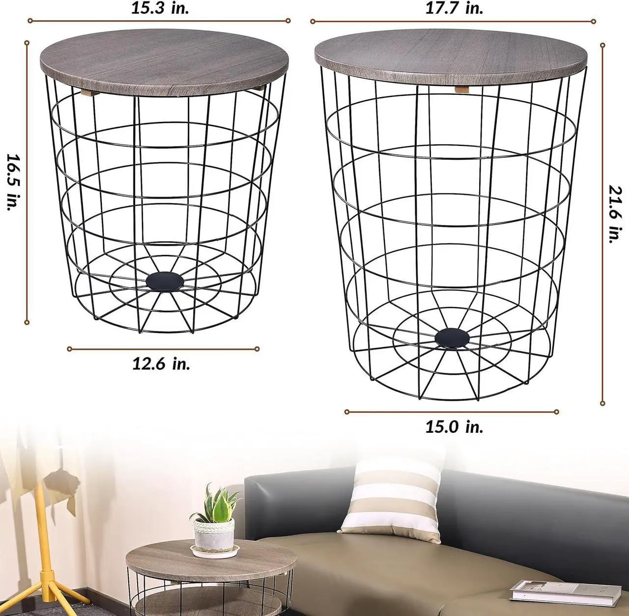 Alt view image 3 of 6 - Elevon Nesting Table End Table Wire Basket Base with Wood Tops Side Table Set of 2, Gray