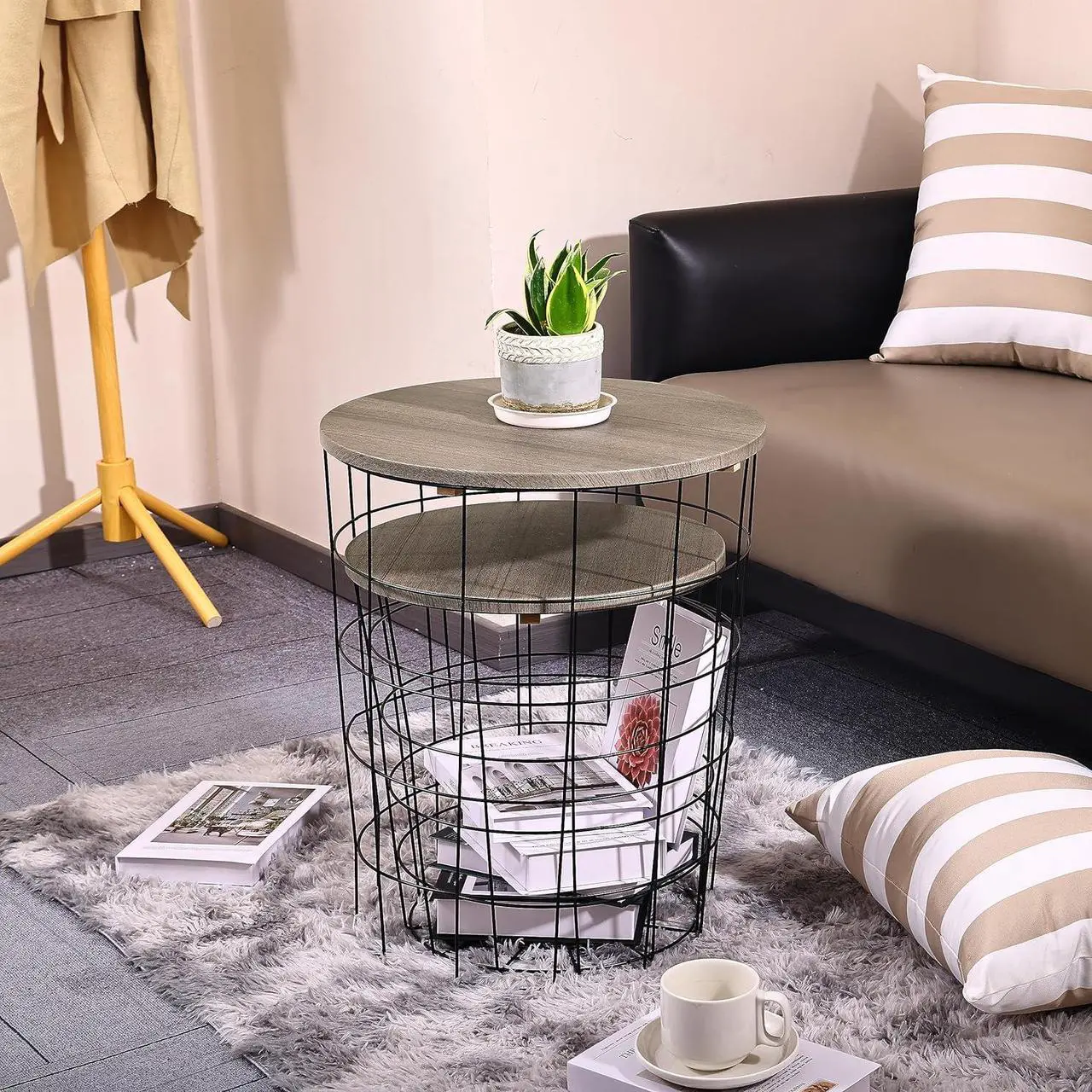 Alt view image 4 of 6 - Elevon Nesting Table End Table Wire Basket Base with Wood Tops Side Table Set of 2, Gray