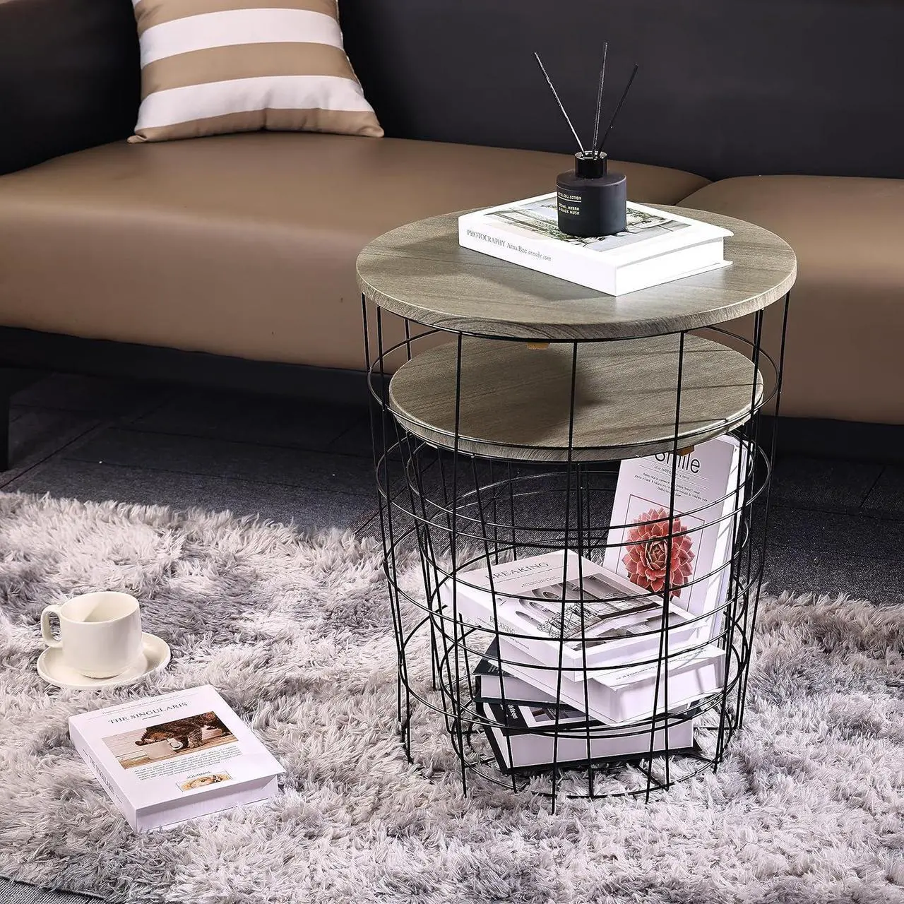 Alt view image 2 of 6 - Elevon Nesting Table End Table Wire Basket Base with Wood Tops Side Table Set of 2, Gray