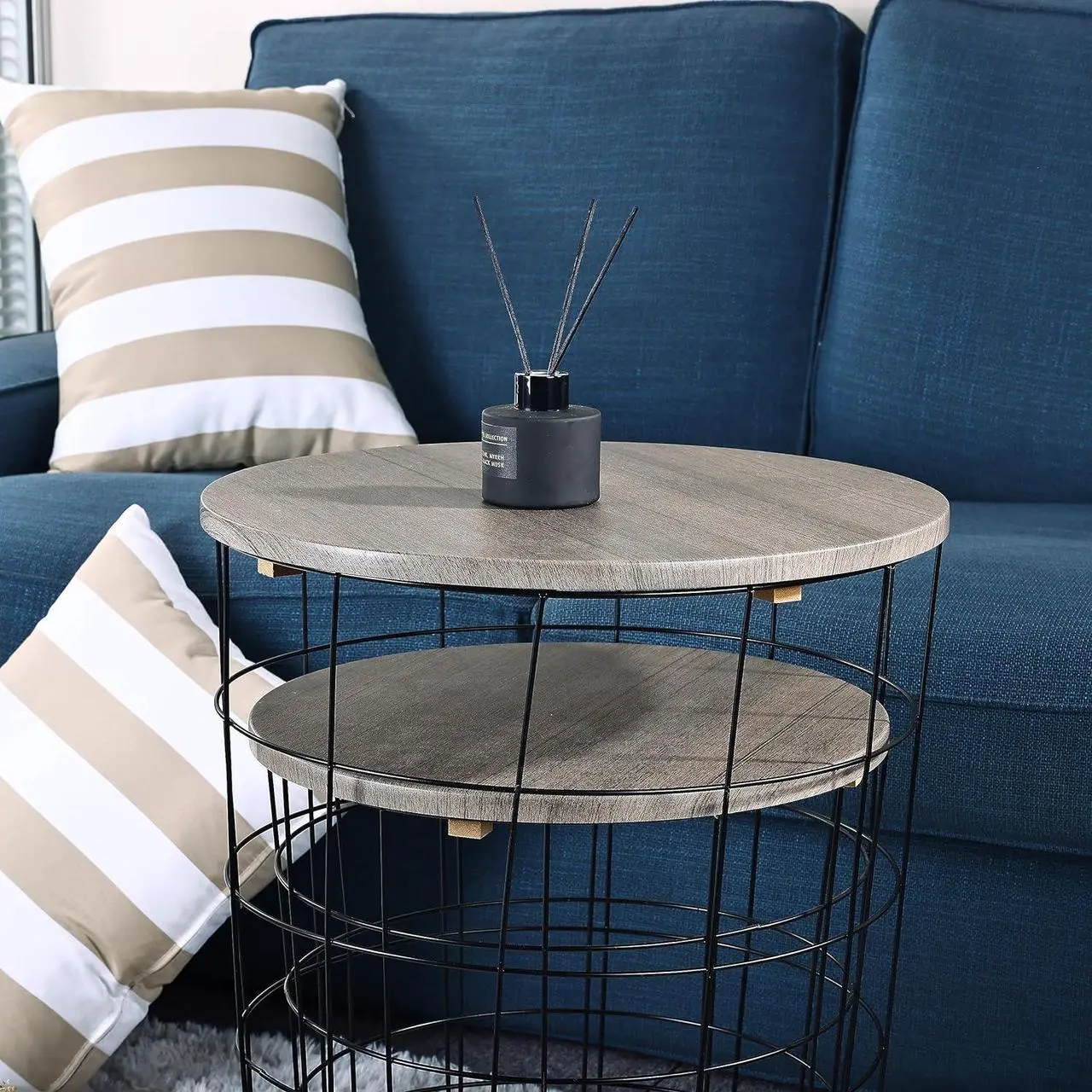 Alt view image 5 of 6 - Elevon Nesting Table End Table Wire Basket Base with Wood Tops Side Table Set of 2, Gray