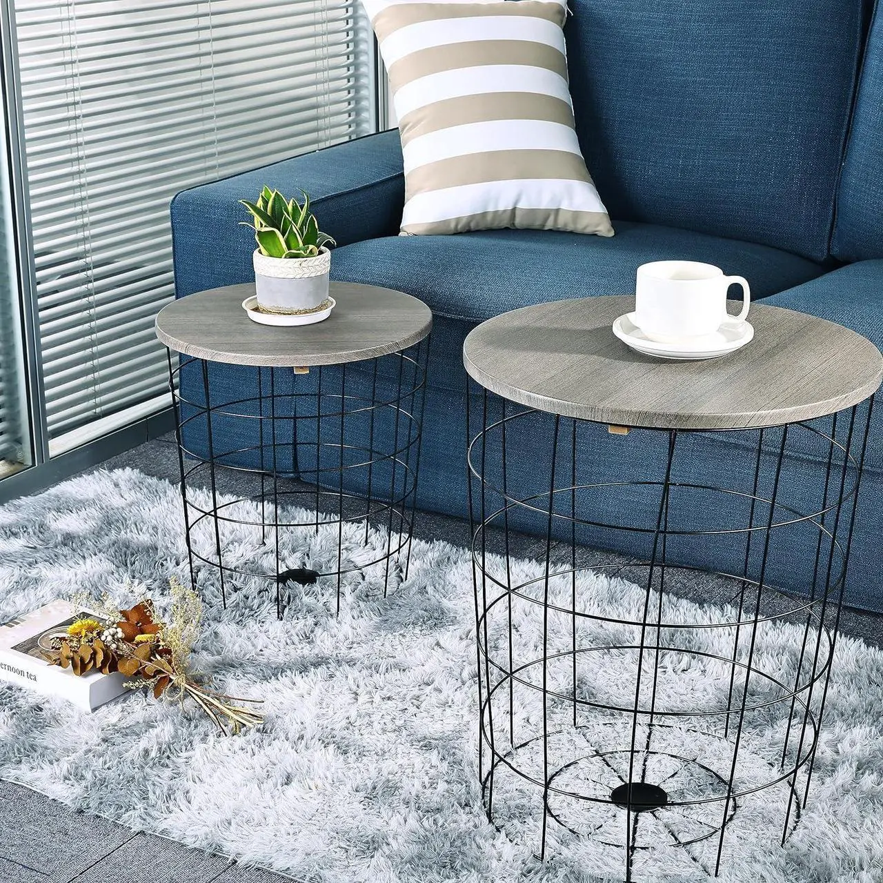 Alt view image 6 of 6 - Elevon Nesting Table End Table Wire Basket Base with Wood Tops Side Table Set of 2, Gray