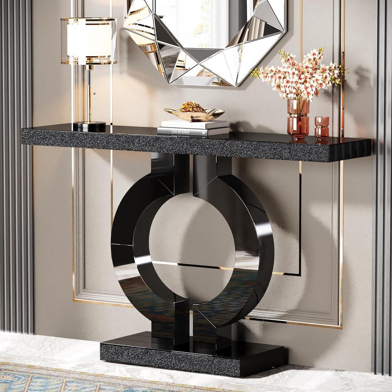 Main image of Tribesigns 43-Inch Mirrored Console Table with O-Shaped Base, Modern Entryway Table Glass Sofa Table with Mirror Finish, Rectangle Narrow Accent Foyer Table for Living Room Hallway Entrance (Black)