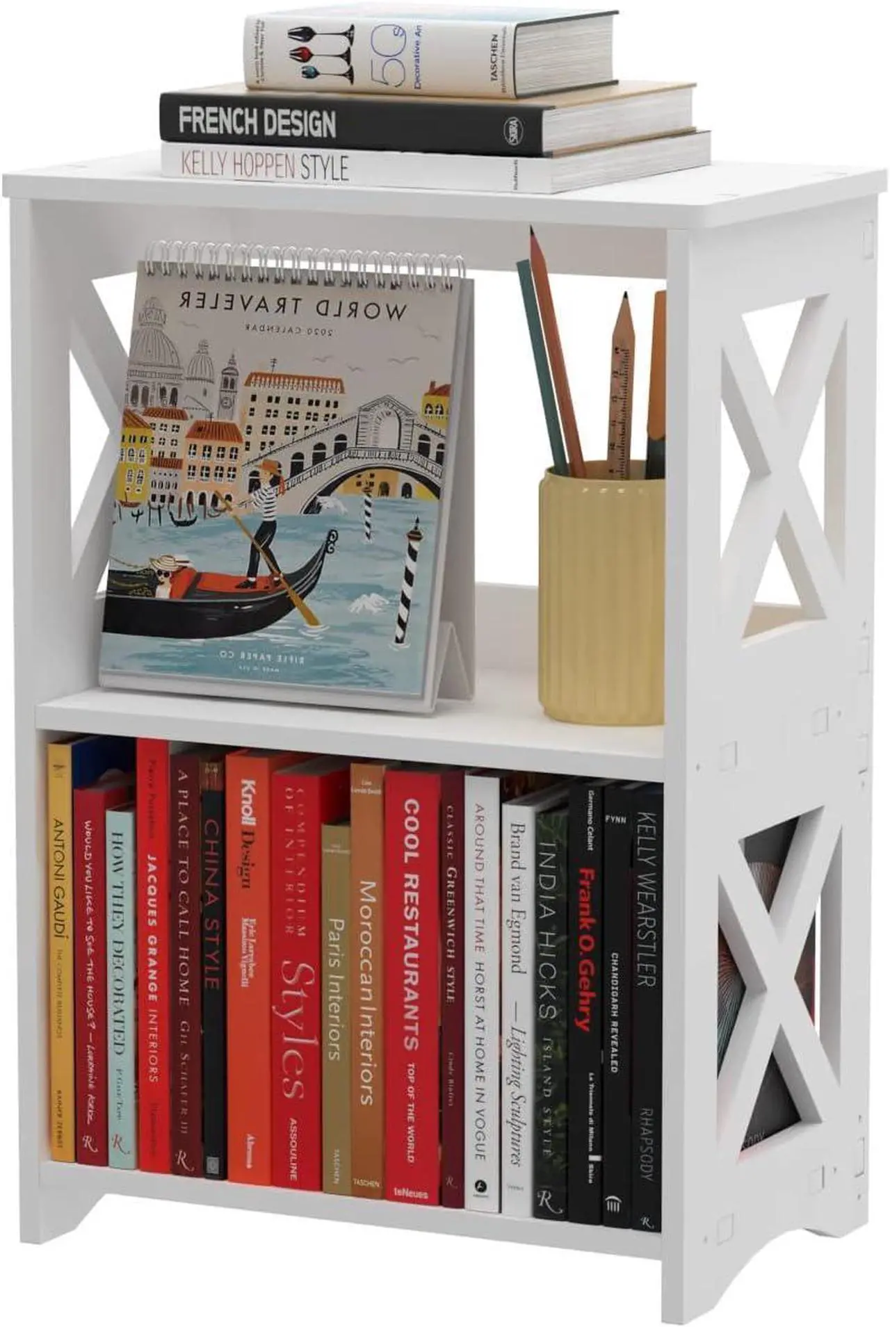 Main image of Side Table, Narrow End Table with Storage Shelf, Minimalist Bedside Tables Nightstand, Small Bookshelf Bookcase, Bathroom Shelves, Display Rack for Bedroom, Living Room, Office, White.