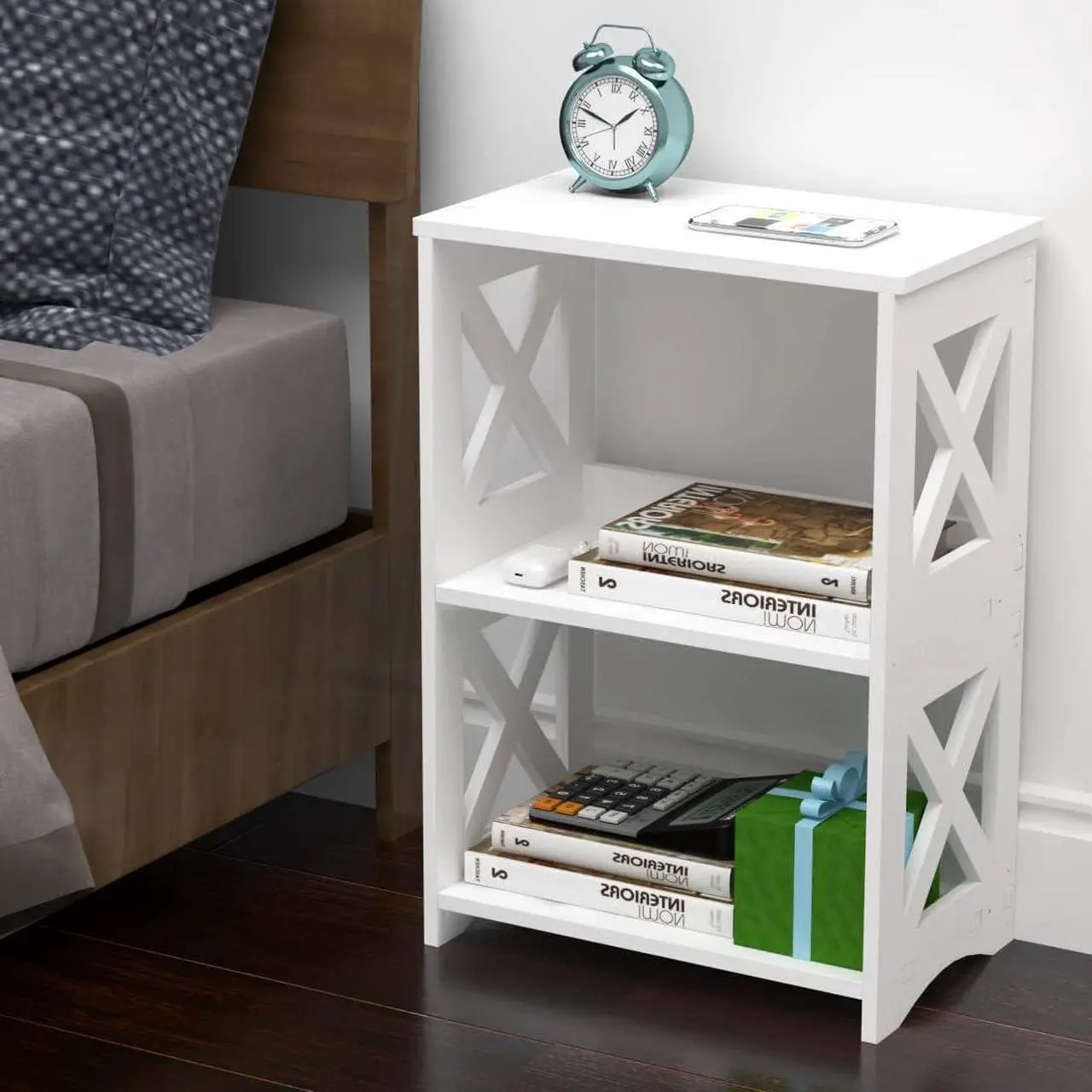 Alt view image 3 of 5 - Side Table, Narrow End Table with Storage Shelf, Minimalist Bedside Tables Nightstand, Small Bookshelf Bookcase, Bathroom Shelves, Display Rack for Bedroom, Living Room, Office, White.