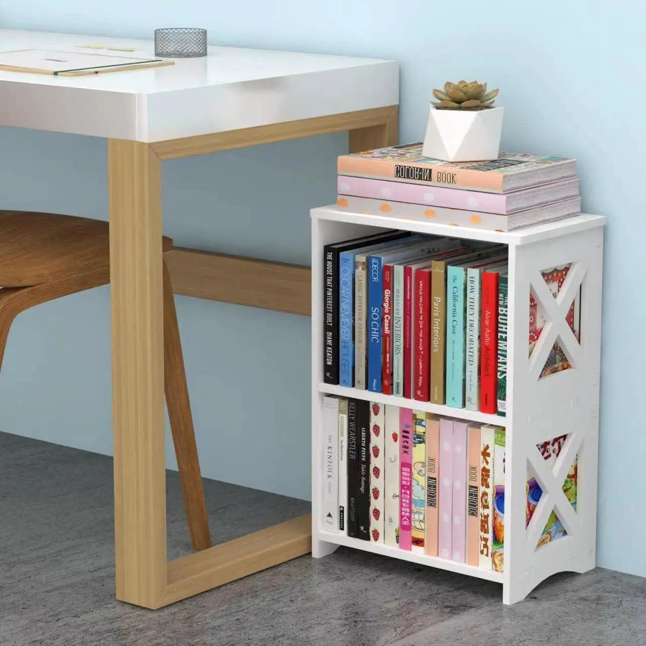 Alt view image 4 of 5 - Side Table, Narrow End Table with Storage Shelf, Minimalist Bedside Tables Nightstand, Small Bookshelf Bookcase, Bathroom Shelves, Display Rack for Bedroom, Living Room, Office, White.