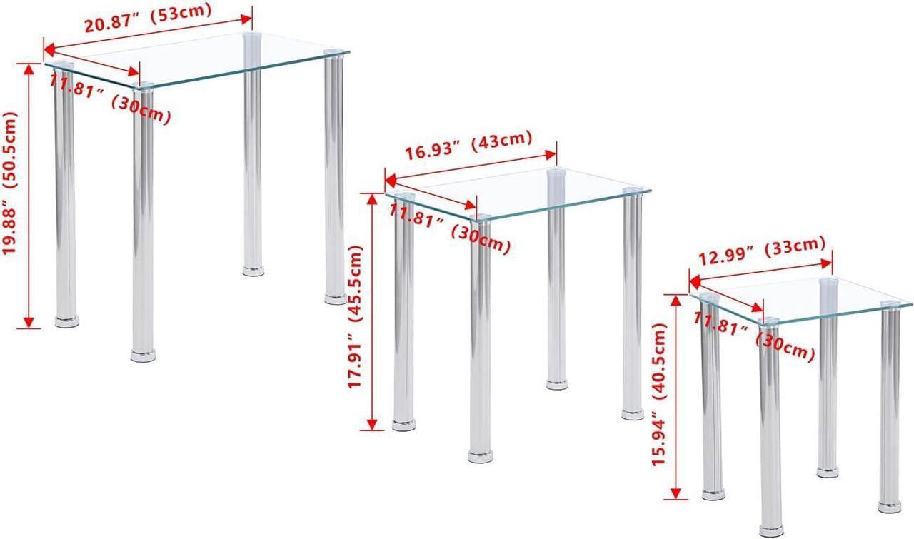 Alt view image 2 of 7 - Nesting Table Set of 3, Living Room Nesting Side Table, Sofa Side Nest of 3 Table - Transparent Nesting End Coffee Table with Silver Legs